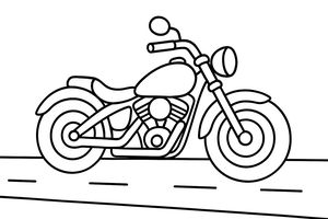 Jednoduchá černobílá linková kresba motocyklu cruiser s tlustými pneumatikami na silnici. Motorka má velkou nádrž, viditelné části motoru a kulaté zrcátko.