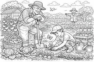 Ein älterer Großvater lehnt sich an seine Schaufel und lächelt, während sein junger Enkel einen Setzling in die Erde pflanzt. Der Gemüsegarten ist voller Kohlköpfe, einem Tomatenkorb und einer freundlichen Vogelscheuche unter einem sonnigen Himmel.