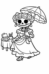 Eine freundliche Skelettdame mit Kleid und Blumenkranz hält einen Sonnenschirm und steht neben einem Tisch mit Malsachen. Sie hat große runde Augen und ein breites Lächeln. Die Zeichnung besteht aus dicken, sauberen schwarzen Linien auf weißem Grund.