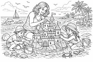 Una mamma e due bambini si inginocchiano su una spiaggia sabbiosa costruendo un grande castello di sabbia con molte torri e bandiere. Sullo sfondo, i delfini saltano nell'oceano vicino a una barca a vela e palme.