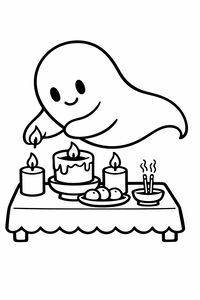 Un fantasma amichevole con un sorriso gentile fluttua sopra un altare, allungandosi per accendere una candela. L'altare è decorato con una torta, candele accese e bastoncini di incenso.