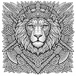 Disegno lineare dettagliato di una testa di leone con corona e armatura. Dietro il leone ci sono due asce vichinghe incrociate e simboli geometrici di nodi celtici. L'intera scena è ricca di motivi densi e linee tribali.