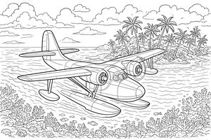 Ein detailliertes Wasserflugzeug mit Schwimmern fliegt über eine tropische Lagune. Im Vordergrund ist ein lebendiges Korallenriff durch das klare Wasser sichtbar, während im Hintergrund eine Insel mit Palmen unter bewölktem Himmel liegt.