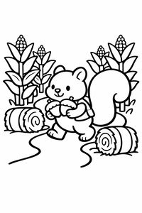 Un tenero scoiattolo che trasporta due ghiande cammina su un sentiero tortuoso. Dietro di lui ci sono alte piante di mais e due balle di fieno rotonde. Il disegno ha tratti spessi e forme semplici.