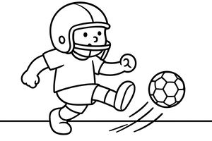 Um desenho linear simples de uma criança pequena a usar um capacete de futebol grande enquanto chuta uma bola de futebol no ar. A personagem tem uma expressão feliz e traços muito grossos.