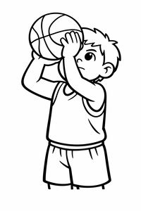 Un semplice disegno al tratto di un ragazzo che gioca a basket tenendo la palla sopra la testa per tirare. Indossa una divisa sportiva senza maniche. L'immagine ha contorni neri spessi e nessuno sfondo.