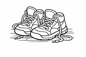 Sepasang sepatu basket tebal berada di atas lantai kayu ruang olahraga. Tali sepatunya terurai di lantai. Gambar ini memiliki garis hitam tebal dan bidang luas.