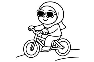 Eine einfache Strichzeichnung eines lächelnden Kindes mit Hidschab und Sonnenbrille auf einem Fahrrad. Die Hände greifen den Lenker und die Füße stehen fest auf den Pedalen, während es einen Weg entlangfährt.