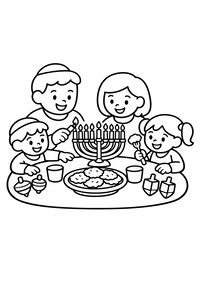 Eine glückliche Familie mit zwei Kindern und zwei Erwachsenen versammelt sich um einen Esstisch, um die Menora zu entzünden. Auf dem Tisch stehen ein Teller mit Latkes und vier Dreidels, während alle freudig lächeln.