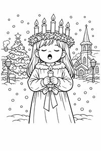 Ein junges Mädchen in einem Lucia-Gewand mit einem Kranz aus Preiselbeerzweigen und fünf brennenden Kerzen. Sie singt mit geschlossenen Augen. Im verschneiten Hintergrund sind ein Weihnachtsbaum, Straßenlaternen und eine Kirche zu sehen.