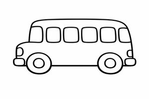 Un semplice disegno a linee bianche e nere di uno scuolabus. L'autobus ha sei finestrini arrotondati lungo la fiancata e due grandi ruote massicce su uno sfondo bianco.
