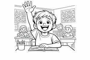 Un bambino sorridente alza la mano seduto al suo banco di scuola. Sullo sfondo si vedono altri bambini che studiano e pareti decorate con poster di lettere e frutta. Un piccolo mappamondo si trova su uno scaffale.
