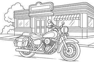 Starožitný cestovní motocykl s koženými brašnami zaparkovaný na ulici před klasickým retro bisterem. Motocykl má výrazný motor a kulatý světlomet, v pozadí jsou vidět stromy a chodník.