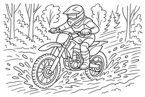 Motokrosový jezdec v helmě a chráničích jede na terénní motorce blátivou kaluží. Bláto stříká od kol proti pozadí lesních stromů a keřů s naznačeným pohybem.
