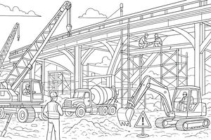 Eine detaillierte Strichzeichnung einer Brückenbaustelle. Im Vordergrund stehen ein Bagger und ein Vorarbeiter bei einem Warnschild, während Betonmischer und Kräne unter der massiven Brückenkonstruktion arbeiten, auf deren Gerüsten Bauarbeiter zu sehen sind.
