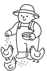 Um agricultor simpático com chapéu de palha e jardineiras espalha grãos de uma tigela para três galinhas pequenas. O desenho tem linhas fortes e simples.