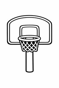 Um desenho linear simples de um cesto de basquetebol com rede e uma tabela arredondada num poste grosso. A ilustração apresenta contornos extra grossos e áreas brancas grandes.