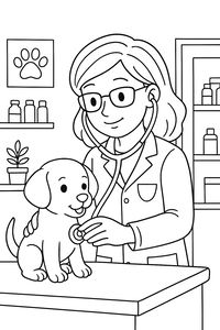 En vennlig veterinær med briller undersøker en liten valp med et stetoskop på et bord. Bakgrunnen viser hyller med medisinflasker og et innrammet poteavtrykk.