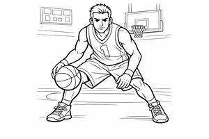 Konzentrierter Basketballspieler im Trikot dribbelt den Ball durch die Beine auf einem Spielfeld mit Korb und Punktetafel