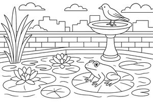 Disegno in tratteggio di un giardino sul tetto con foglie di ninfea che galleggiano sull'acqua, una rana seduta su una ninfea, un uccello su un abbeveratoio e edifici della città sullo sfondo