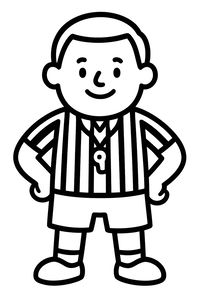 Un simpatico arbitro maschio sta con le mani sui fianchi con sicurezza. Indossa una maglia a righe verticali con un piccolo fischietto appeso al collo. Il personaggio ha un'espressione felice e lineamenti semplici e arrotondati.