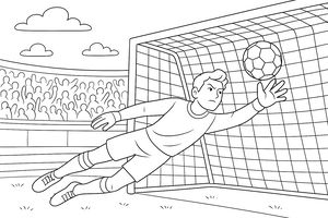 Disegno a tratteggio di un portiere di calcio in tuffo che afferra un pallone vicino al palo della porta, con il pubblico dello stadio sullo sfondo
