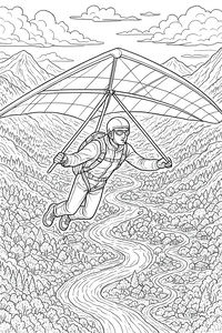 Detaillierte Strichzeichnung einer Person beim Drachenfliegen hoch über einem Tal. Der Pilot trägt Helm und Brille und hält sich am Trapez fest. Unter ihm fließt ein gewundener Fluss durch Wälder und kleine Dörfer in Richtung ferner Berge unter einem bewölkten Himmel.
