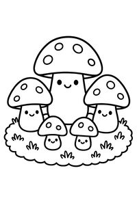 Un gruppo di cinque simpatici funghi con volti sorridenti e cappelli a pois si trova su un prato. Il fungo centrale è il più alto, circondato da quattro compagni più piccoli.