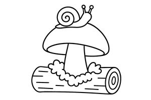 Eine einfache Strichzeichnung einer Schnecke mit spiralförmigem Gehäuse auf einem Pilzhut. Der Pilz wächst aus einem liegenden Baumstamm inmitten von Moos. Die Abbildung hat kräftige Konturen und einen weißen Hintergrund.