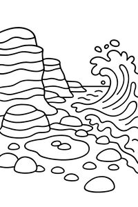 Desenho de linhas simples para crianças mostrando uma grande onda a quebrar contra rochas altas numa costa. Pedras lisas e pequenas poças são visíveis no primeiro plano.