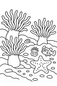 Desenho em preto e branco com anêmonas do mar de tentáculos flutuantes, uma estrela do mar sorridente, peixinhos e formações de coral no fundo do oceano