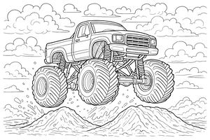 Eine detaillierte Linienzeichnung eines Monstertrucks mit übergroßen Rädern, der zwischen zwei Rampen springt. Schlamm spritzt vom Boden auf, während der Truck durch einen Himmel mit vielen runden Wolken fliegt. Sichtbare Details sind die Radaufhängung, die Achse und die Ladefläche.
