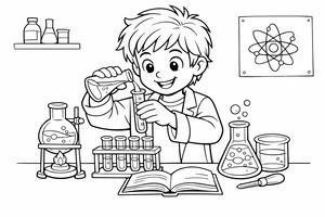 Ein lächelnder Junge im Laborkittel führt an einem Schreibtisch ein wissenschaftliches Experiment durch. Er gießt Flüssigkeit aus einem Kolben in ein Reagenzglas. Auf dem Tisch stehen Laborgeräte, ein Bunsenbrenner und ein Lehrbuch, während an der Wand ein Atomdiagramm hängt.