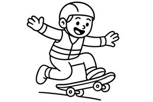 Usmívající se chlapec v helmě a bezpečnostní vestě balancuje na skateboardu při jízdě z kopce. Má široce rozpažené ruce a radostný výraz ve tváři. Kresba tvořená tlustými černými obrysy na bílém pozadí.