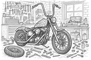 Eine detaillierte Linienzeichnung eines Chopper-Motorrads in einer Werkstatt. Das Motorrad hat einen hohen Lenker und ein Flammenmotiv auf dem Tank. Werkzeuge wie Schraubendreher liegen auf dem Boden neben einem Ersatzreifen vor einer gut gefüllten Werkzeugwand.