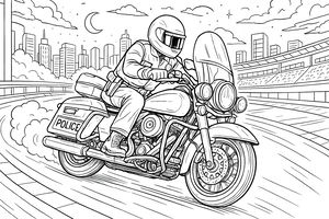 Ein Polizist mit Helm und Uniform fährt auf einem großen Motorrad mit Windschutzscheibe und rundem Scheinwerfer durch eine Kurve. Im Hintergrund sind die Skyline einer Stadt bei Nacht, der Mond und Sterne zu sehen, während Rauch aus dem Auspuff aufsteigt.