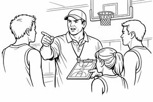Ein Basketballtrainer mit Kappe und Trillerpfeife instruiert drei junge Spieler in einer Sporthalle. Er hält ein Klemmbrett mit einer Spielfeldskizze, während im Hintergrund ein Basketballkorb zu sehen ist.