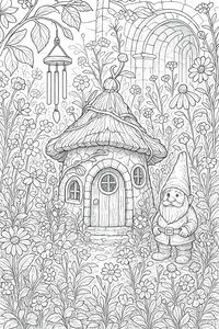 Desenho de linhas detalhado de um gnomo barbudo em frente a uma pequena casa de fadas redonda. A casa está rodeada por flores altas e um sino de vento.