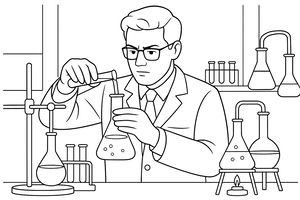 Uno scienziato concentrato in camice e occhiali versa con cautela del liquido da una provetta in un grande matraccio. Sullo sfondo si vede un banco da laboratorio con becher gorgoglianti e un bruciatore acceso.