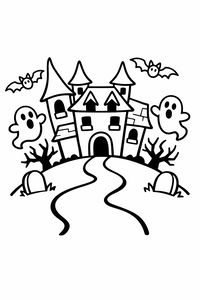 Um desenho simples de contorno de uma casa assombrada com várias torres e um caminho sinuoso. Dois fantasmas e dois morcegos voam em redor do edifício rodeado por lápides e árvores secas.