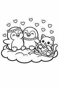 Dois pinguins a sorrir com colares de pérolas sentados numa nuvem ao lado de um gatinho que brinca com uma fita de coração. Pequenos corações flutuam no ar. O desenho tem contornos grossos e formas simples.