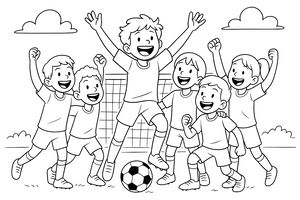 Eine fröhliche Gruppe junger Fußballspieler in Trikots jubelt und hebt die Arme zum Sieg. Ein klassischer Fußball liegt auf dem Gras vor ihnen, während das Tor und einfache Wolken im Hintergrund zu sehen sind.