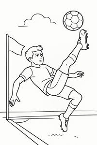 Ein konzentrierter Fußballspieler tritt den Ball in der Luft bei einem Fallrückzieher. Eine Eckfahne und eine flauschige Wolke sind im Hintergrund dieser klaren Umrisszeichnung zu sehen.