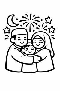 Eine einfache Umrisszeichnung von Mutter, Vater und Kind bei einer herzlichen Umarmung. Über ihnen explodiert ein großes Feuerwerk neben einer Mondsichel und mehreren kleinen Sternen.