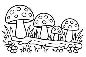 Um desenho simples de quatro cogumelos com chapéus às pintas sobre um ramo caído. Pequenas bagas e ervas crescem à volta do tronco num fundo branco.