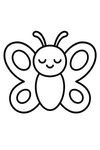 Um desenho para colorir fácil de uma borboleta sorridente com contornos pretos grossos. A borboleta tem asas redondas com padrões circulares simples e pequenas antenas.