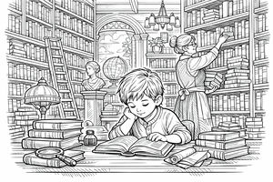 Ein Junge liest an einem Schreibtisch mit Bücherstapeln, Tintenfass und Lupe. Dahinter greift ein Bibliothekar nach einem Buch in einem hohen Regal neben einem Globus. Der Raum ist mit deckenhohen Bücherregalen und einem großen Bogenfenster gefüllt.