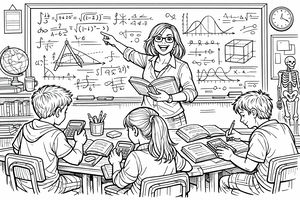 Desenho para colorir detalhado de um professor entusiasmado de óculos a apontar para equações matemáticas num quadro negro. Três alunos trabalham nas suas secretárias com livros e calculadoras.