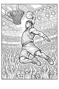 Un coloriage détaillé d'un joueur de basket en plein vol s'apprêtant à dunker. En dessous, une foule excitée lève les bras pour l'acclamer depuis les tribunes du stade.