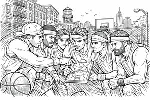 Detaillierte Strichzeichnung eines Basketballteams, das auf einem städtischen Außenplatz zusammenkommt. Ein Spieler zeigt auf eine Taktiktafel, während seine Teamkollegen konzentriert zusehen. Der Hintergrund zeigt Stadtgebäude und einen Wasserturm unter klarem Himmel.